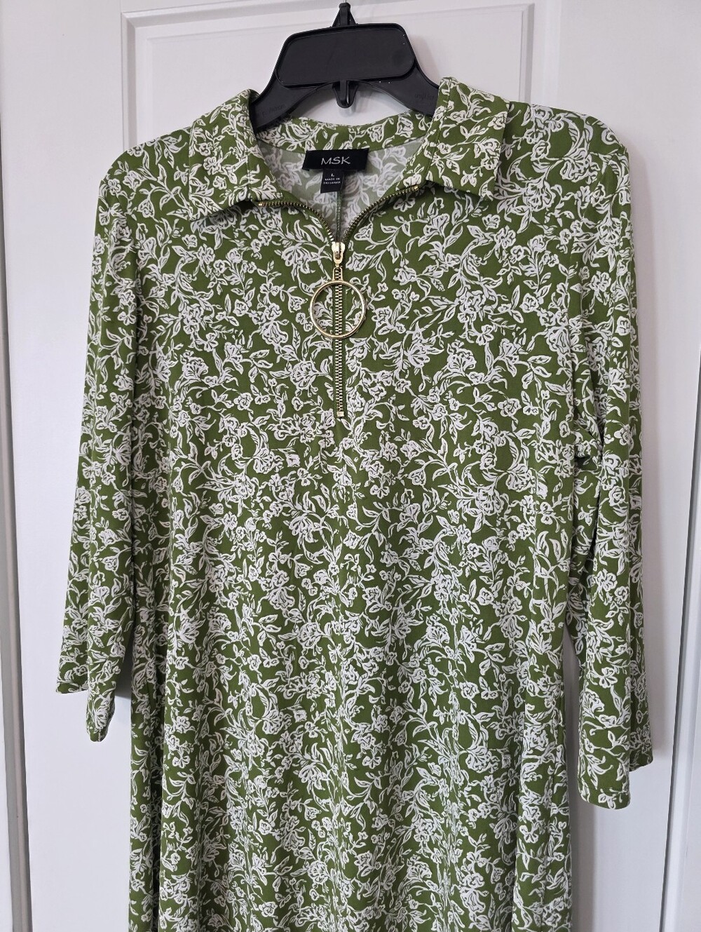 MSK Green White Floral Zip Front Collared Swing Dress Large Career Casual - Picture 3 of 8